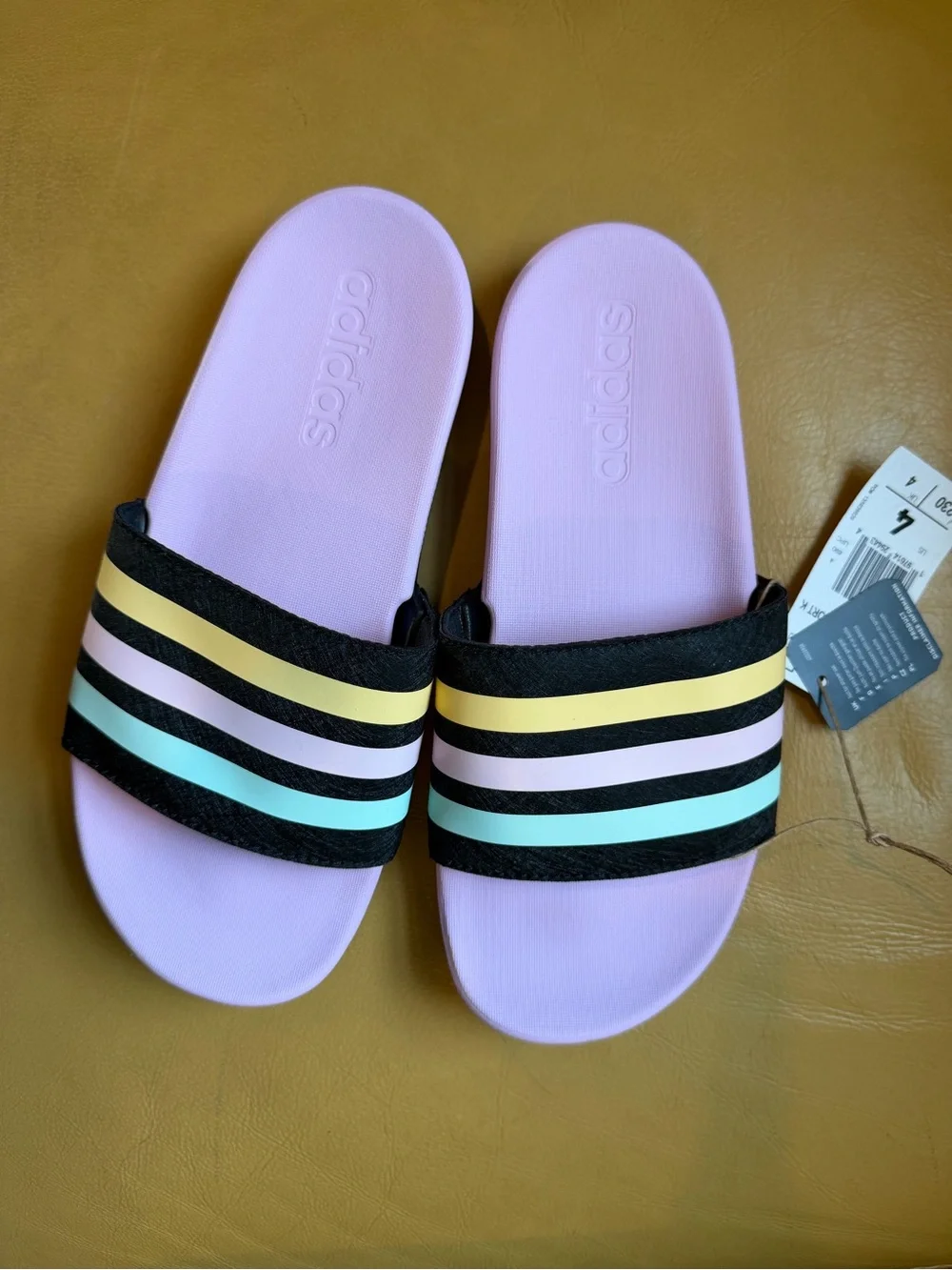 adidas girl’s Pink Slide Sandals with Black Strap and Pastel Stripes size 4